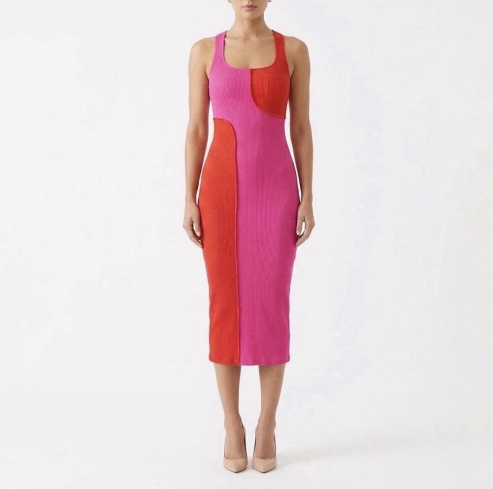Naked Wardrobe Pink Red Color Block Ribbed Midi Dress Womens XL
